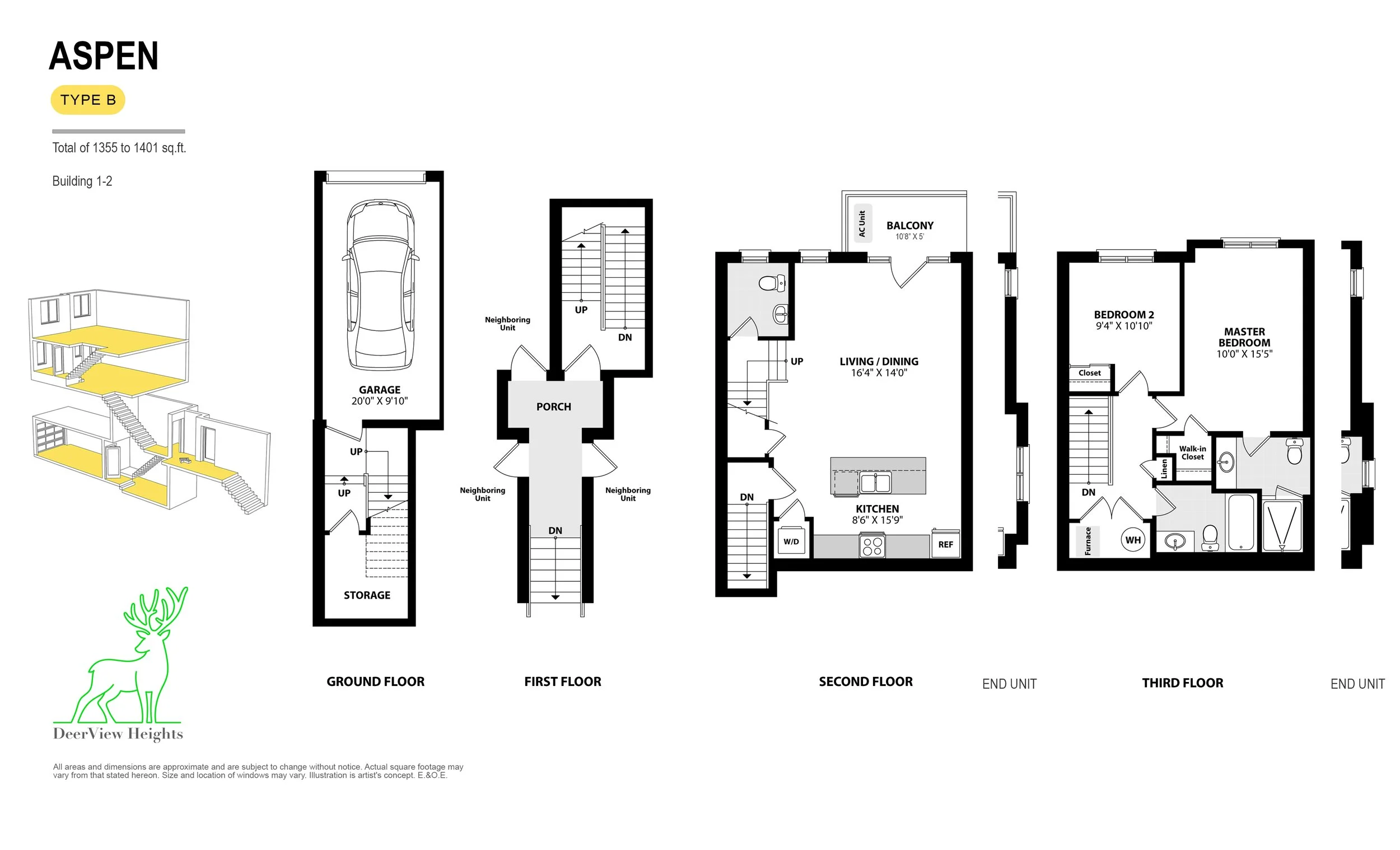 Floor plan of a multi-story residential building with ground, first, second, and third floors, showing rooms, stairs, garage, storage, balconies, bedrooms, bathrooms, kitchen, and appliances. There is a small illustration of the building's cross-section with highlighted floors, and a green deer logo labeled 'DeerView Heights' at the bottom left corner.