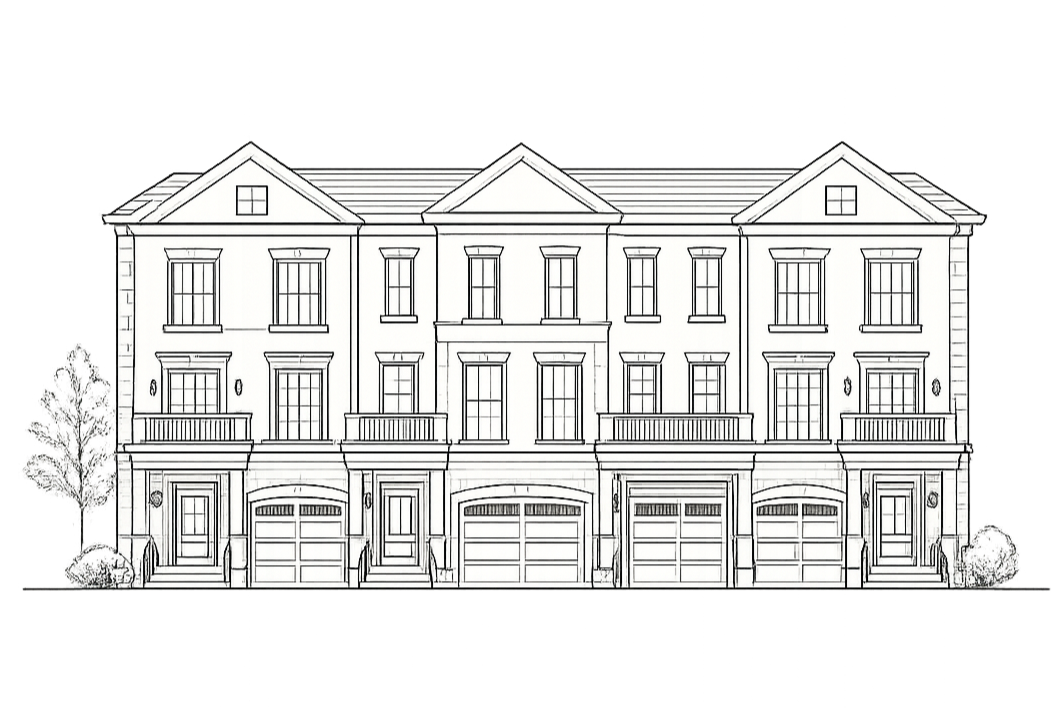 Line drawing of a multi-family residential building featuring three stories, balconies, multiple windows, and garage doors on the ground level, with trees on either side.