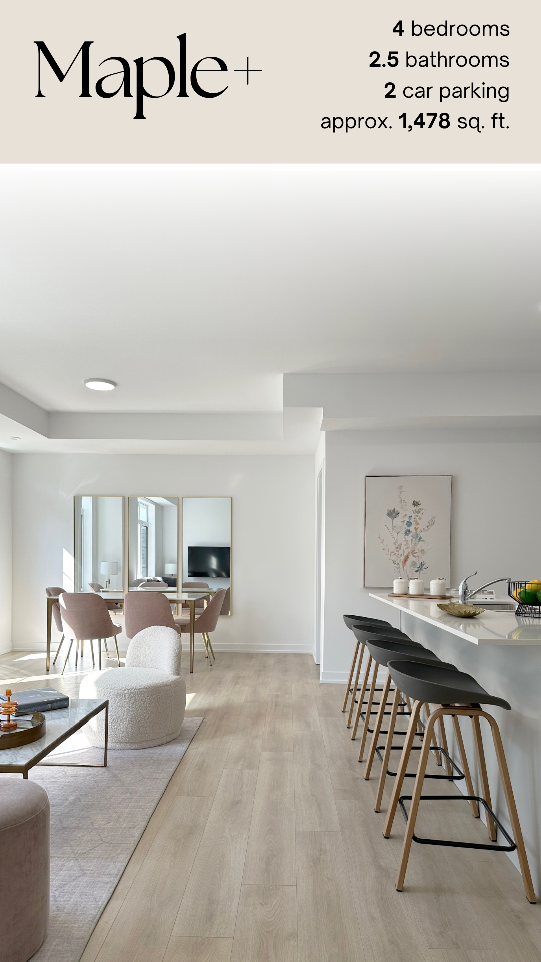 Bright, modern living and dining area with white walls, light wood flooring, pink dining chairs, black bar stools, and wall-mounted TV.