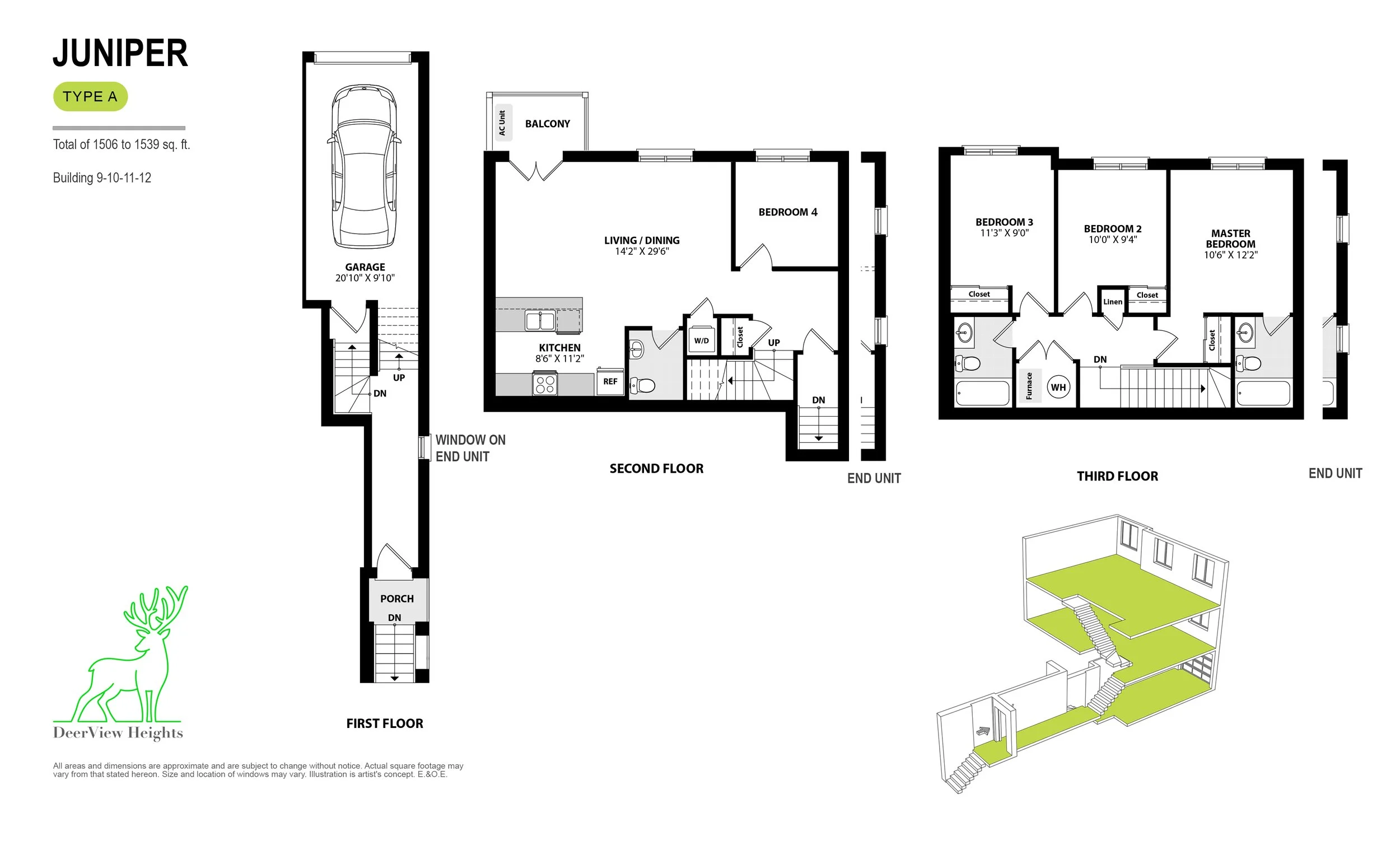 A detailed architectural floor plan of a multi-level residential building called Juniper, Type A, with various rooms labeled including garage, porch, living/dining area, kitchen, bedrooms, bathrooms, balconies, and staircases, along with a 3D perspective of the building's structure.
