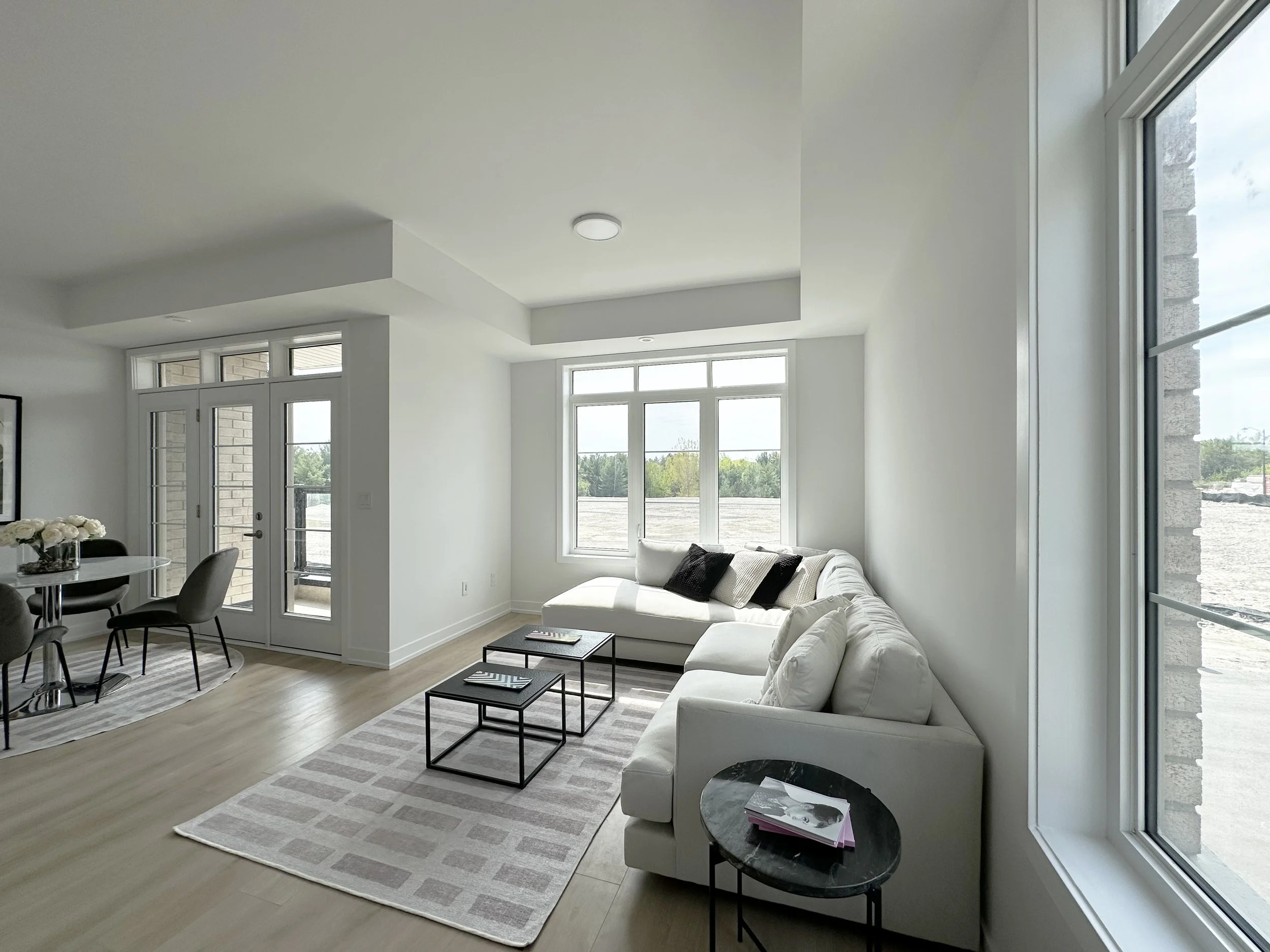 Bright living room with large windows, white walls, a white sofa with throw pillows, a coffee table, a rug, and a dining area with chairs and a table, with a view of a garden outside.