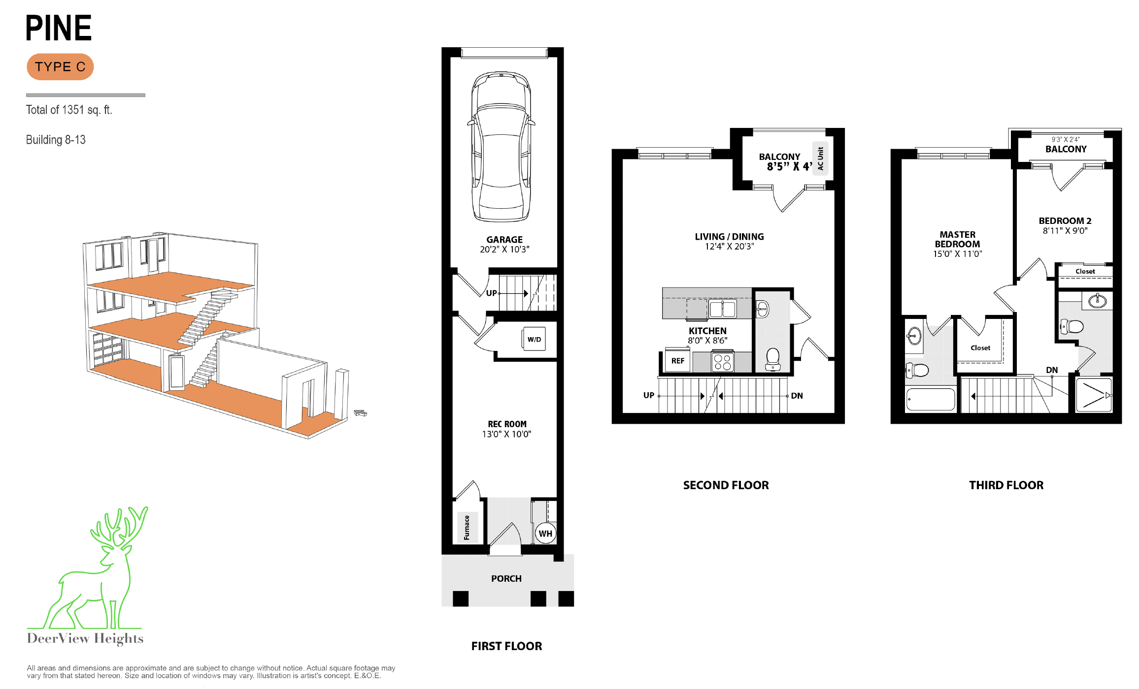Architectural floor plan of a multi-story house with labeled rooms, dimensions, and a 3D illustration of the building's interior on the left.