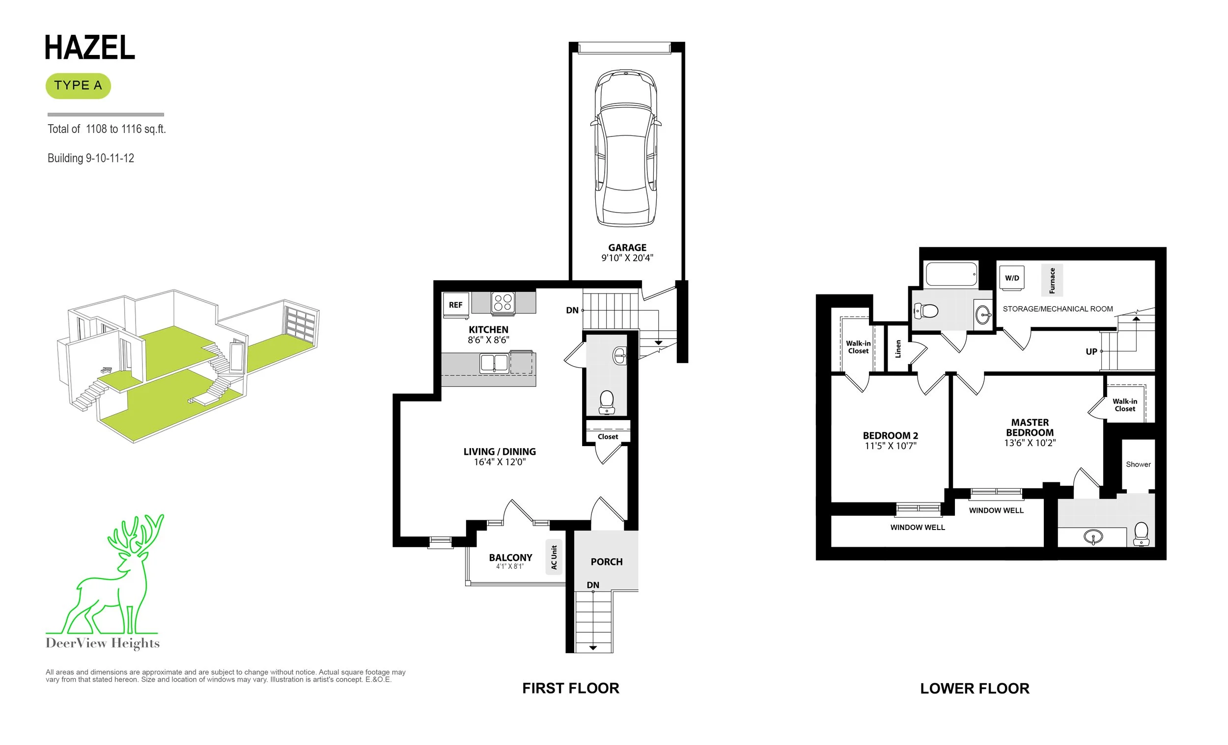 Floor plan drawing of a two-story house with labeled rooms, including a garage, kitchen, living/dining area, bedrooms, bathrooms, storage/mechanical room, balconies, porches, and staircases. The image also includes branding and a small illustration of a deer with the text 'Deerview Heights'.