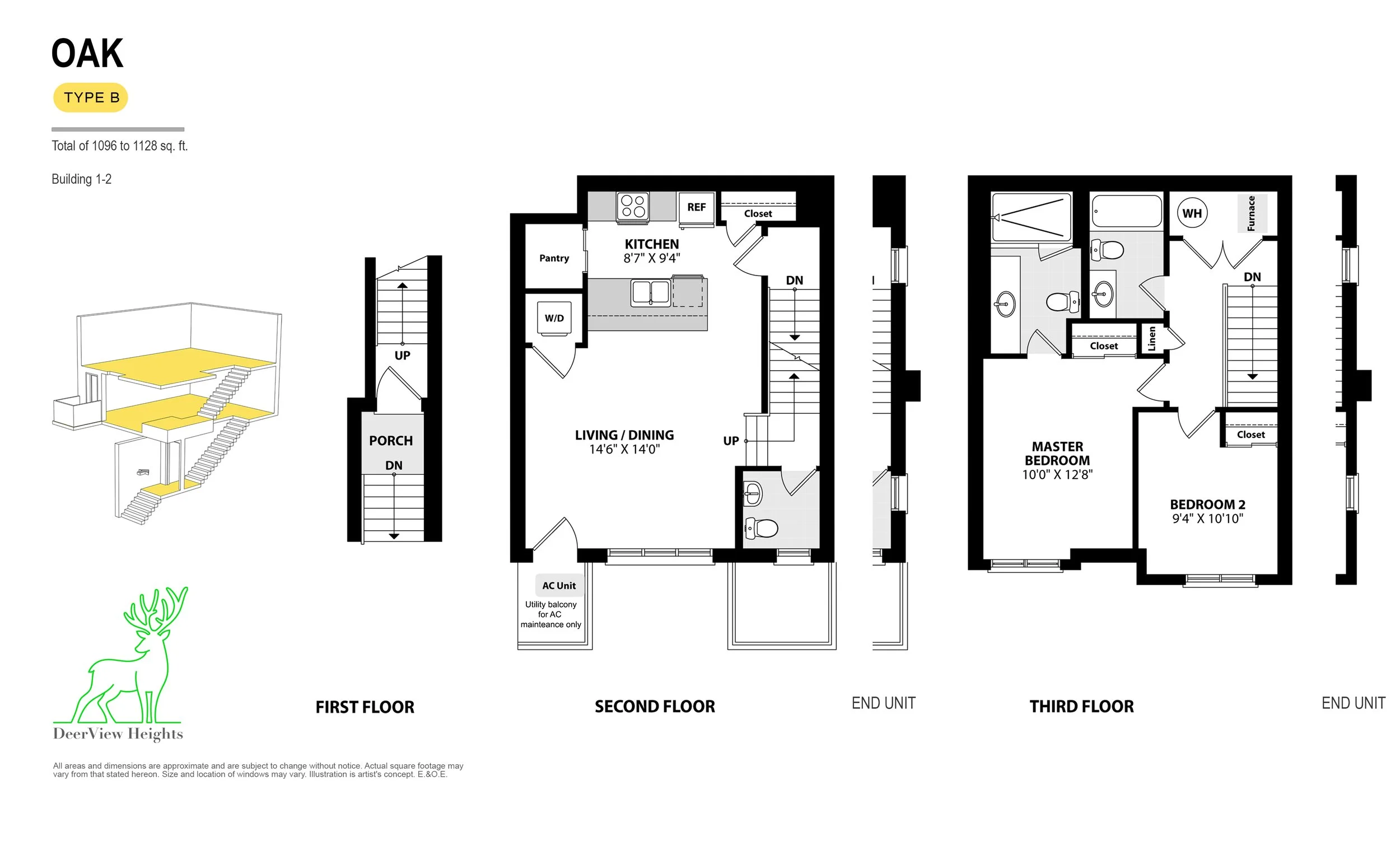Floor plans of a three-story residential unit, showing layout of rooms, stairs, and annotations for different levels and unit types.