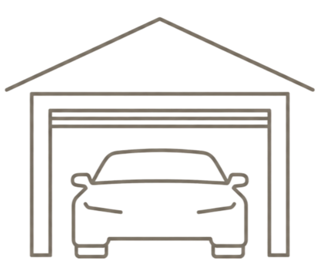 Outline drawing of a car inside a garage with a sloped roof.