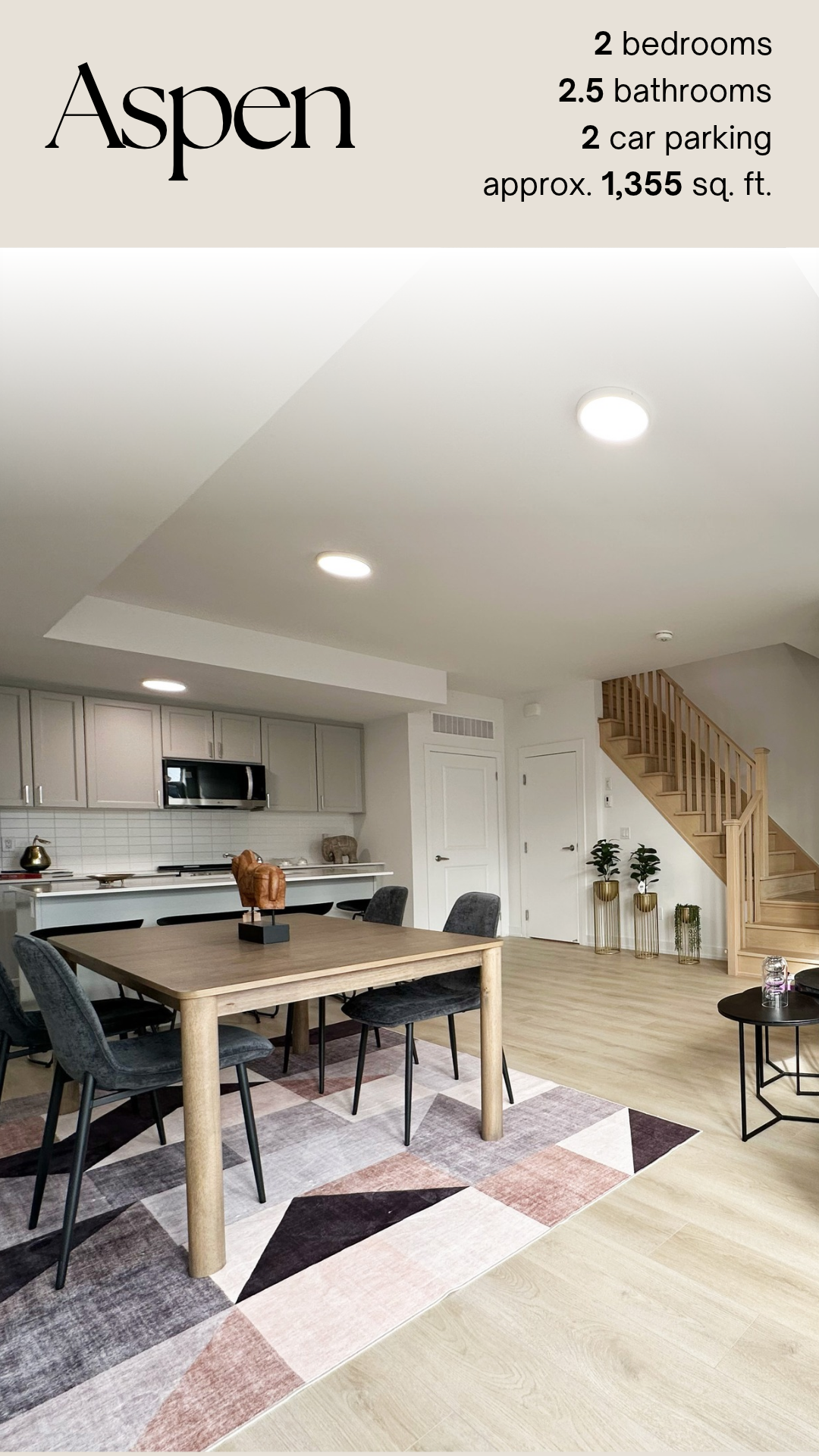 Aspen: 2 bedrooms, 2.5 bathrooms, 2 parking