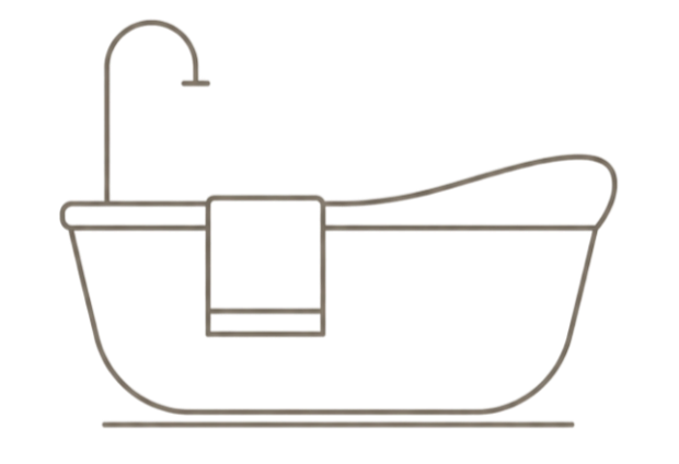 A line drawing of a vintage bathtub with a faucet, towel rack, and a small shelf, shown in profile view.