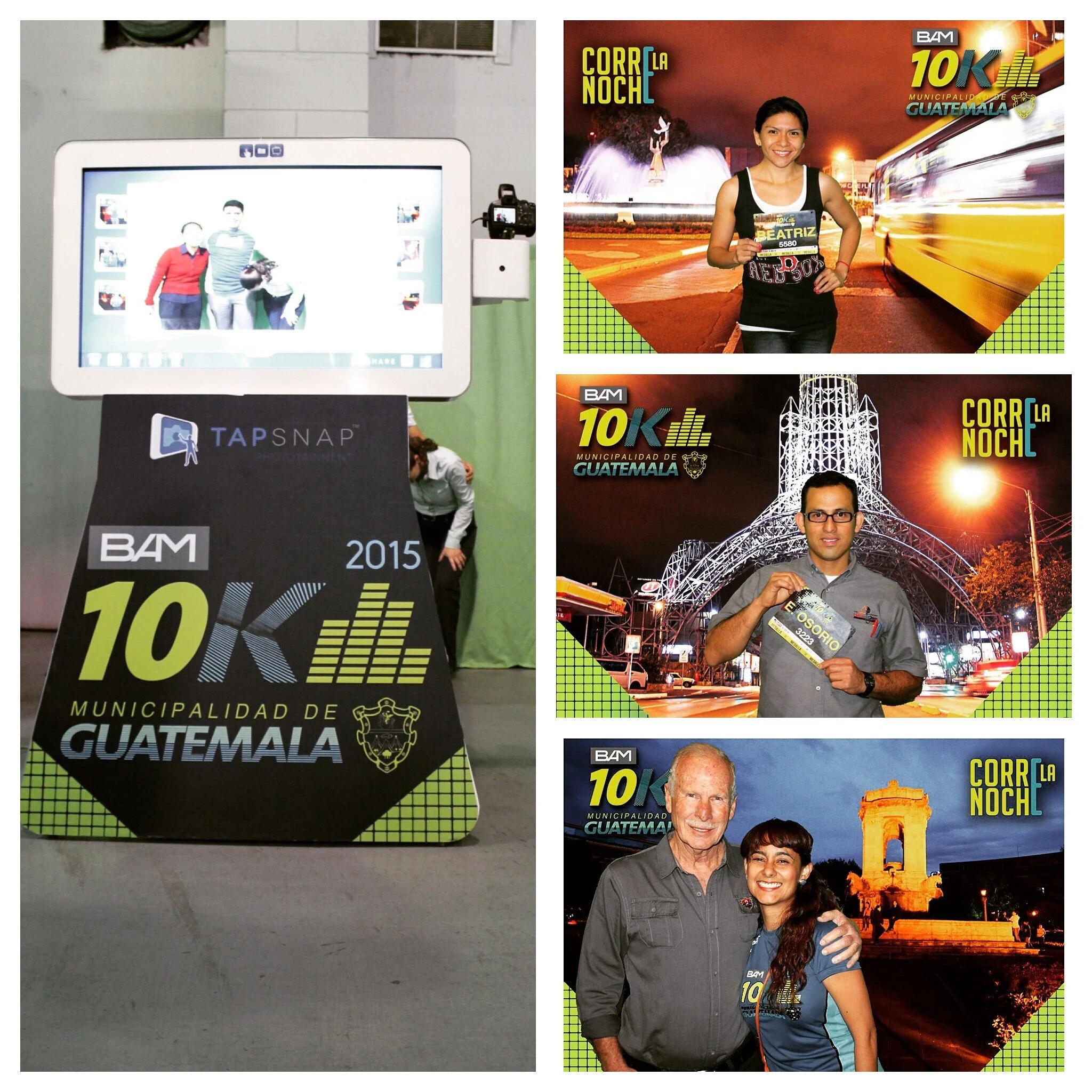 Photo collage promoting Guatemala City's BAM 10K night race, featuring runners, race bibs, event graphics, and a TapSnap photo booth.