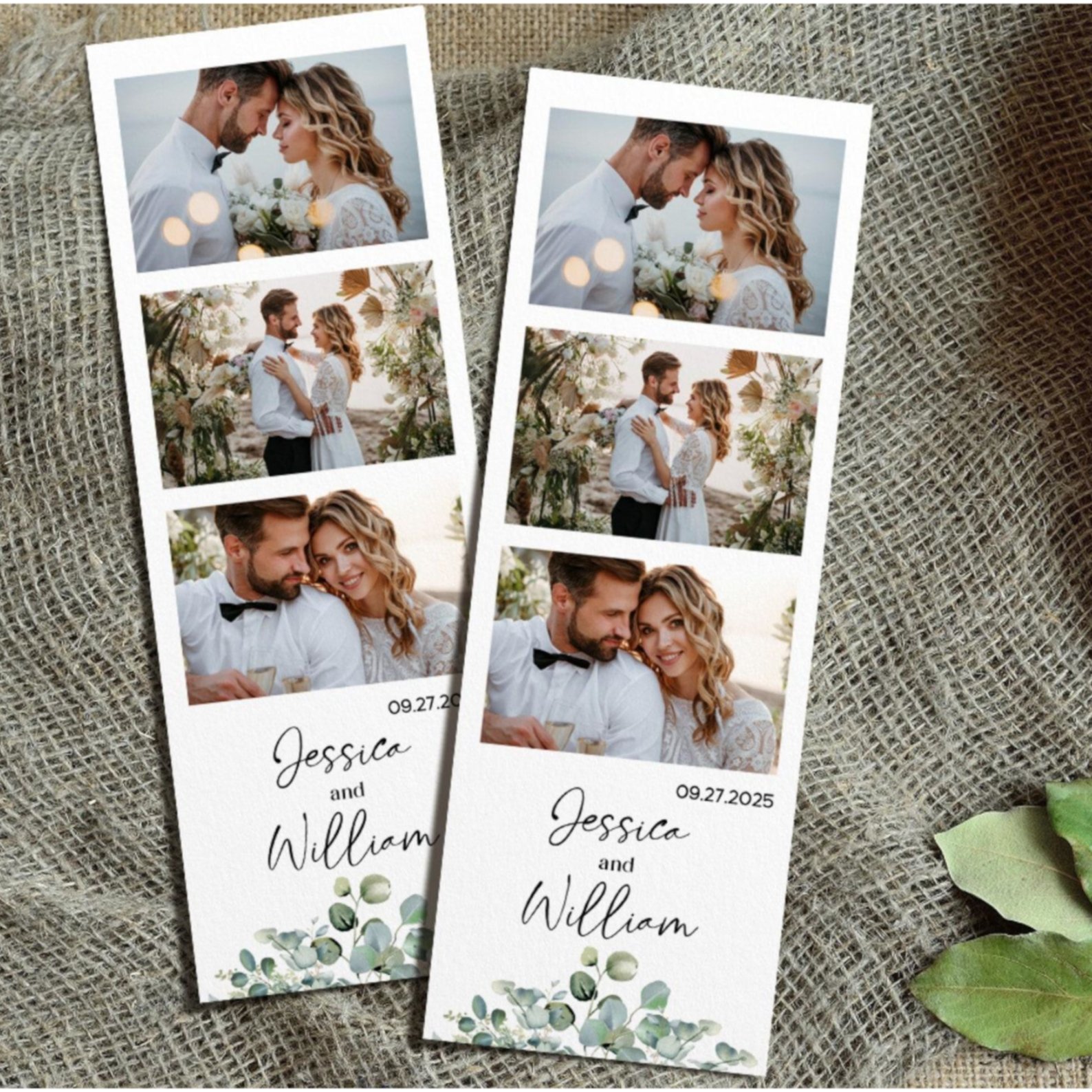 Two wedding photo strips featuring Jessica and William, dated September 27, 2025, with eucalyptus greenery accents.