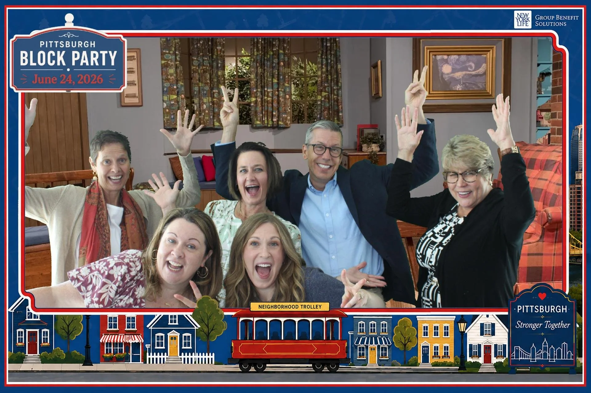 Group of six people celebrating indoors in a Pittsburgh Block Party promotional frame dated June 24, 2026, with neighborhood trolley artwork and New York Life Group Benefit Solutions branding.
