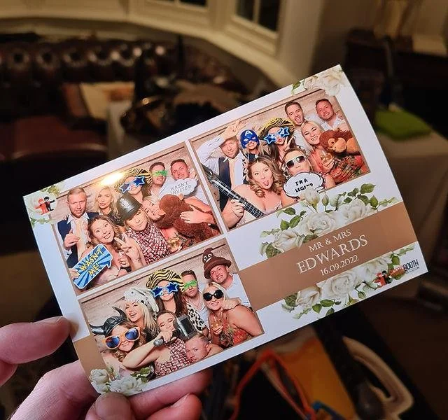 Wedding photo booth collage card for Mr. and Mrs. Edwards, dated September 16, 2022, featuring guests wearing playful props.
