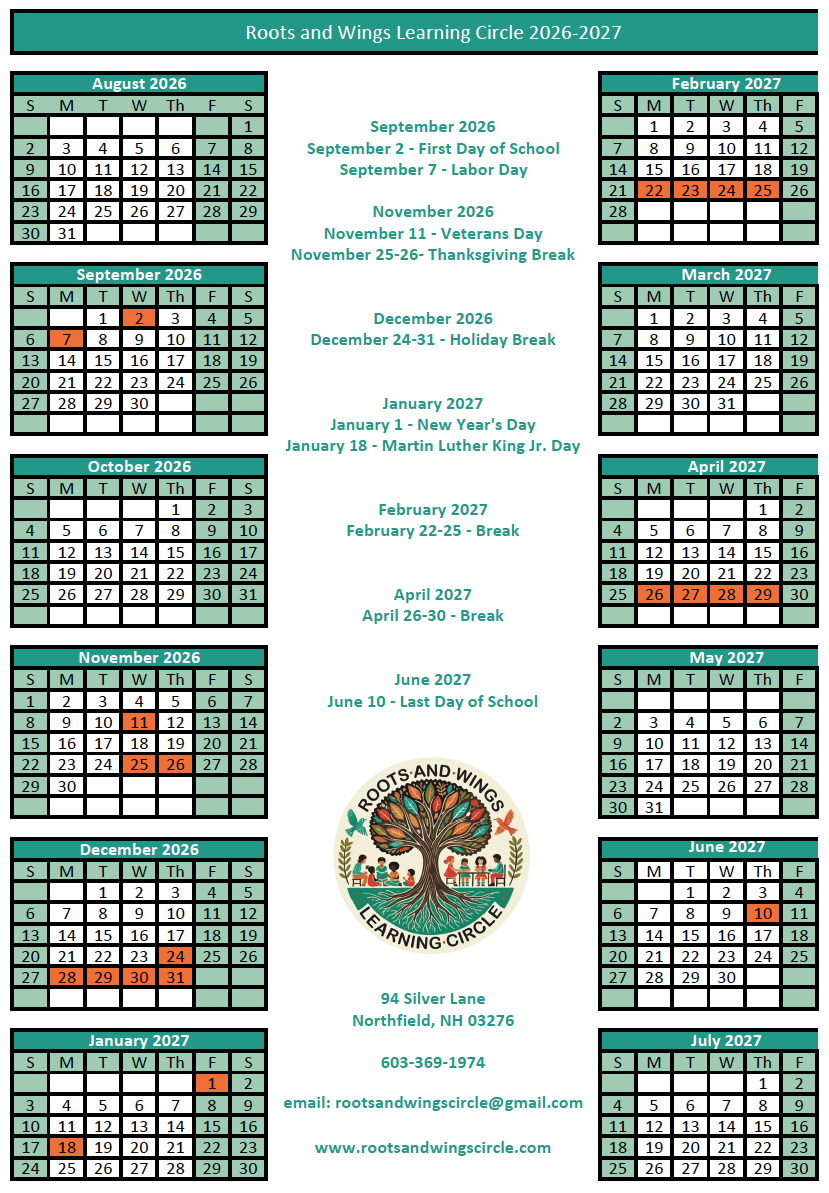 A calendar for 'Roots and Wings Learning Circle 2026-2027' with months and important dates, including holidays, breaks, and special observances. The calendar details dates from August 2026 to July 2027 and includes contact information, an address, and a logo of a tree with children around it.