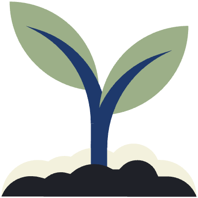 A simple illustration of a young plant with two green leaves and a blue stem growing from dark soil.