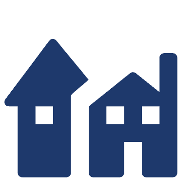 Icon of two houses, one with a taller roof and one with a shorter roof, both with windows.