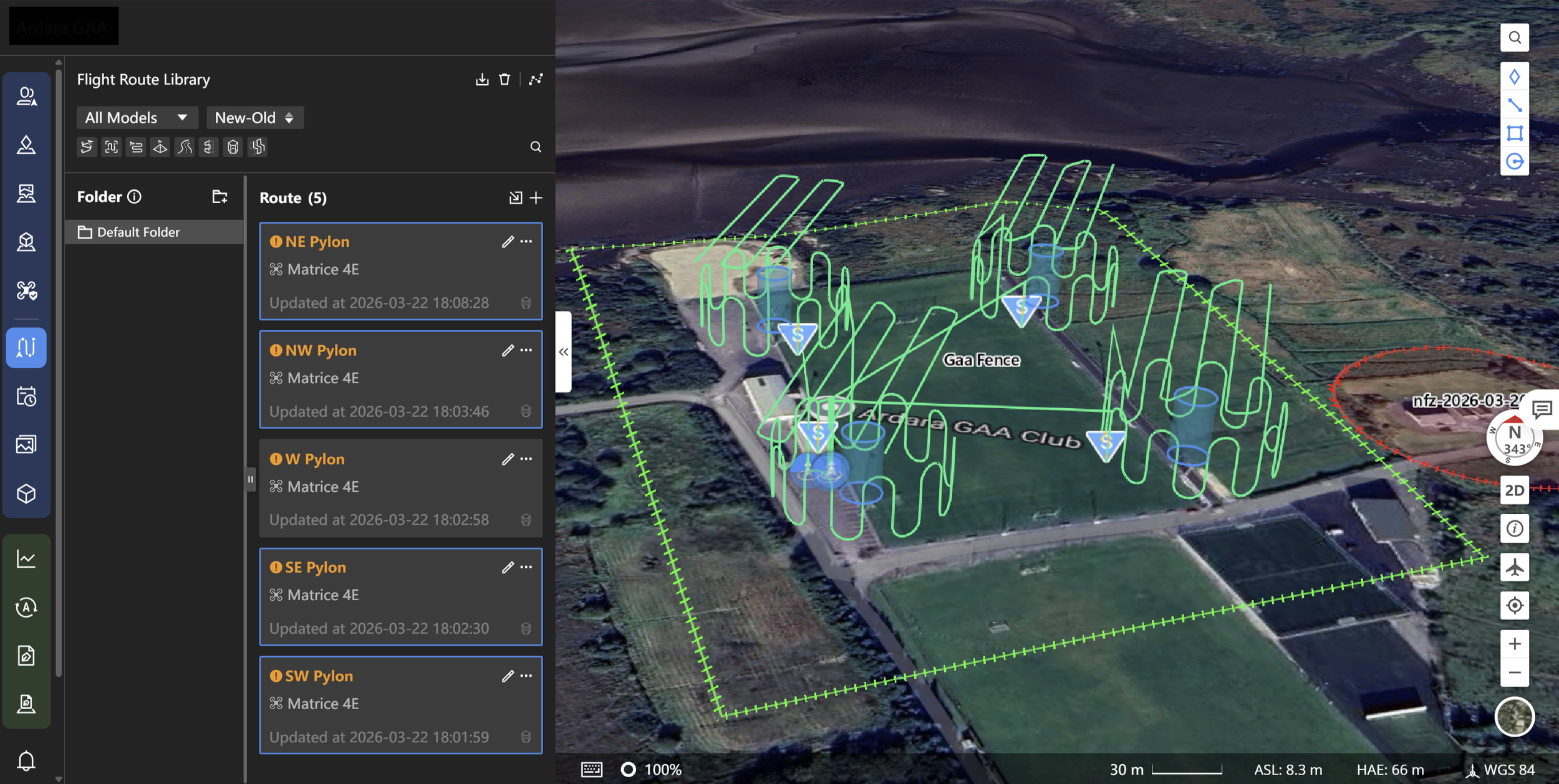 A digital map displaying a flight route over a sports field labeled 'GAA Club,' with several pylons marked with different colors and labels, including NE Pylon, NW Pylon, W Pylon, SE Pylon, and SW Pylon, along with green boundary lines, and a golf course or fields nearby. The sidebar shows a list of routes with update times, and the map includes navigation controls, a compass, and a scale bar.