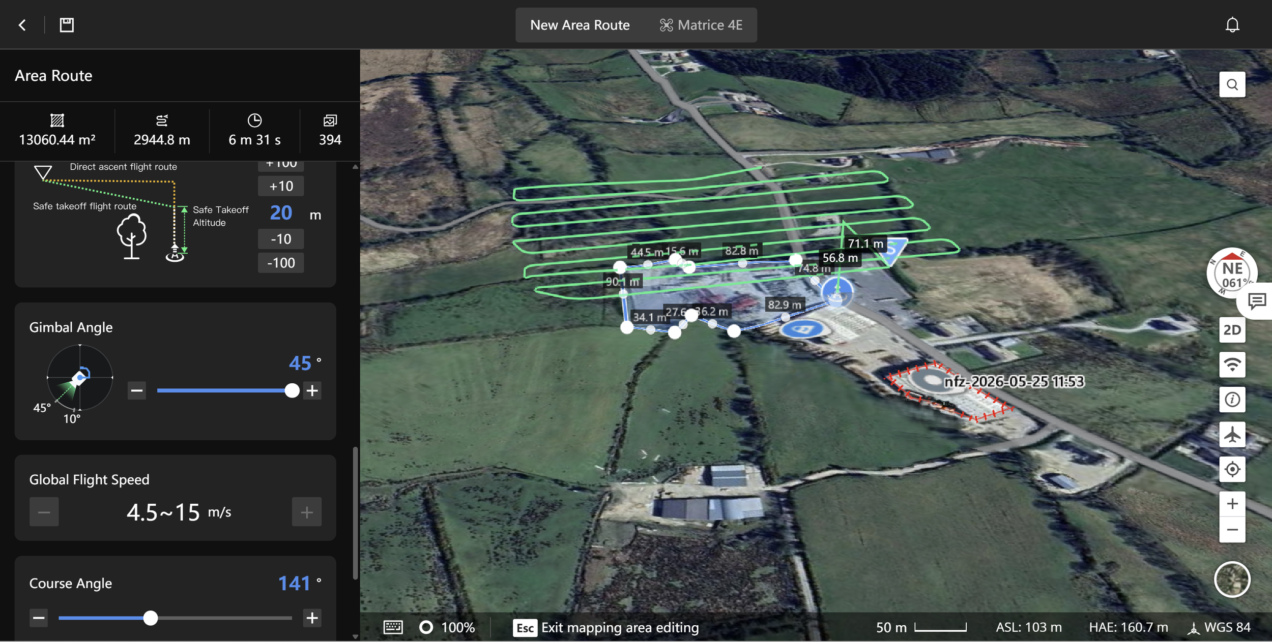 Aerial view of land with drone flight path overlay, showing a rectangular survey area with distance measurements, altitudes, and flight parameters on left side.