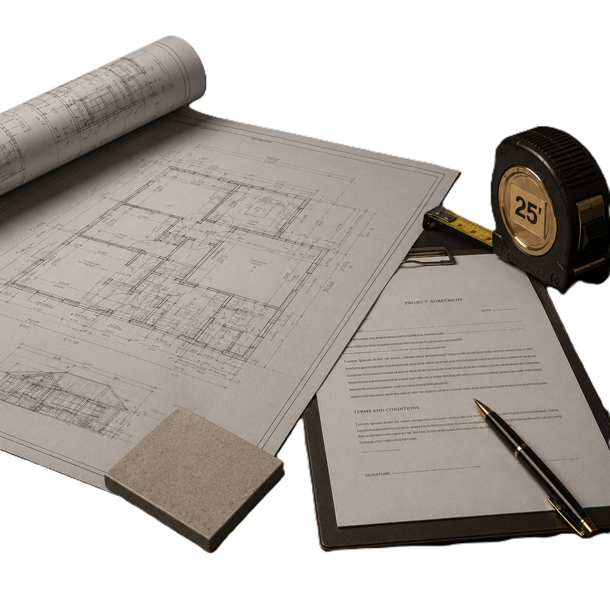Architectural plans, tape measure, and project documents for remodeling planning and coordination.