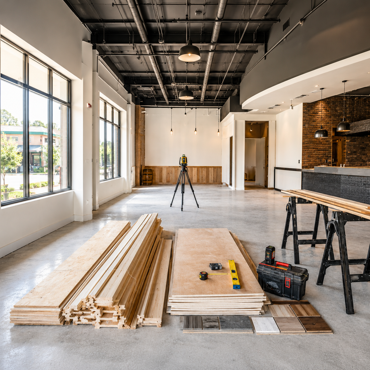 Commercial interior renovation in progress with construction materials, tools, and site preparation.