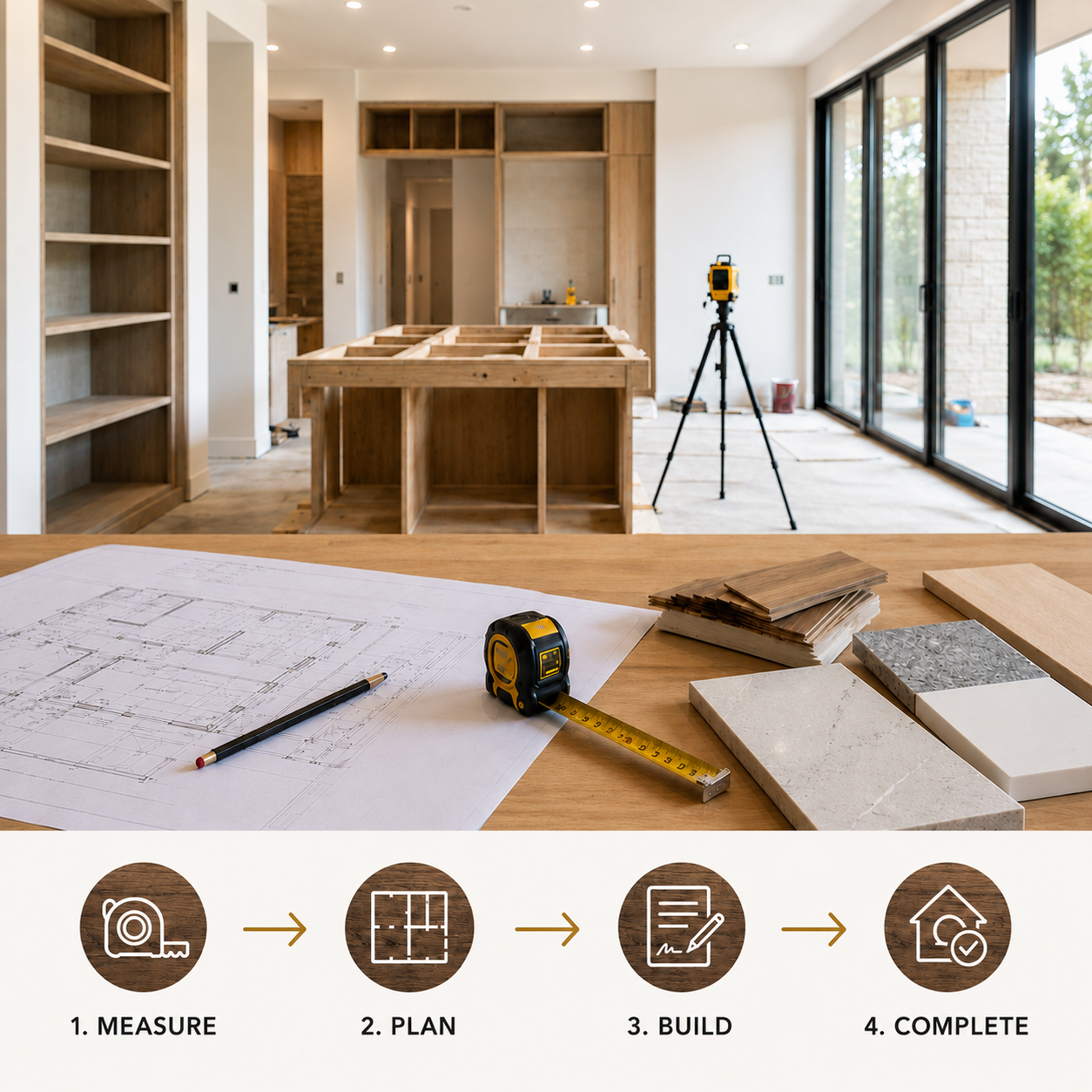Interior build-out in progress with construction plans, material samples, tools, and site coordination details.