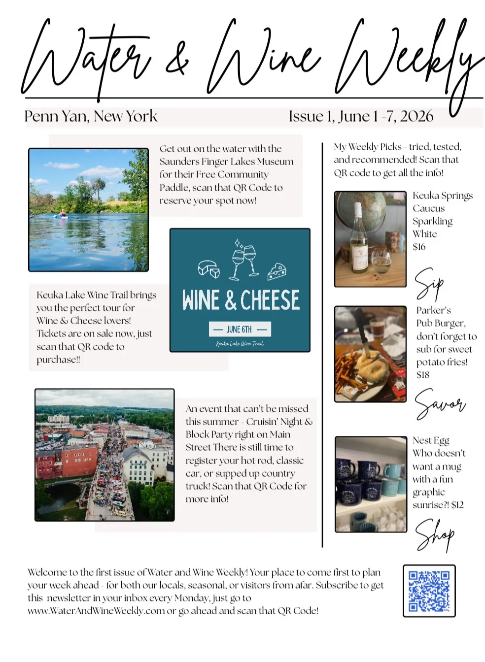 Water and Wine Weekly newsletter titled 'Penn Yan, New York' for June 1-7, 2026, featuring images and text about local events, wine tasting, a cruise night block party, and retail items.