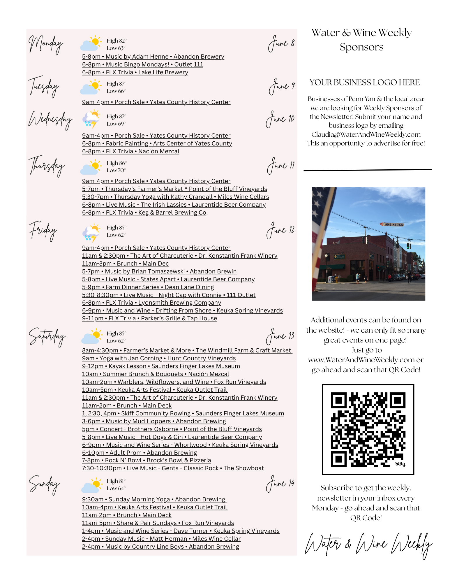 A weekly event schedule for Water & Wine Weekly, listing daily activities from June 8 to June 14, including weather forecast, local markets, tastings, music events, and special activities, with a QR code for more information.
