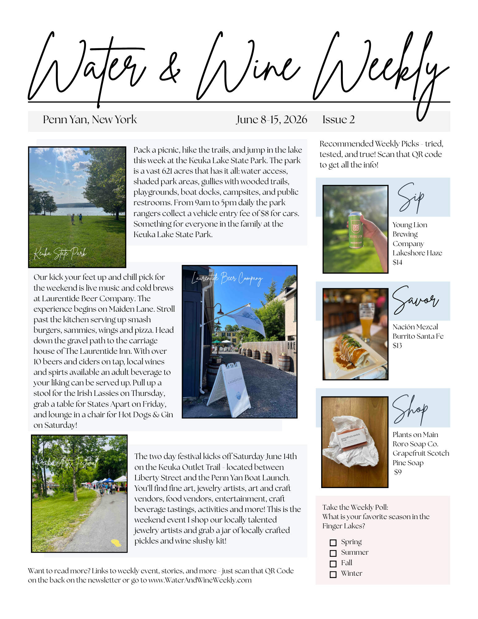 Newsletter titled "Water & Wine Weekly" with articles about Keuka Lake State Park events, local art festival, and tasting events, featuring images of lake views, a festival scene, and a beverage advertisement.
