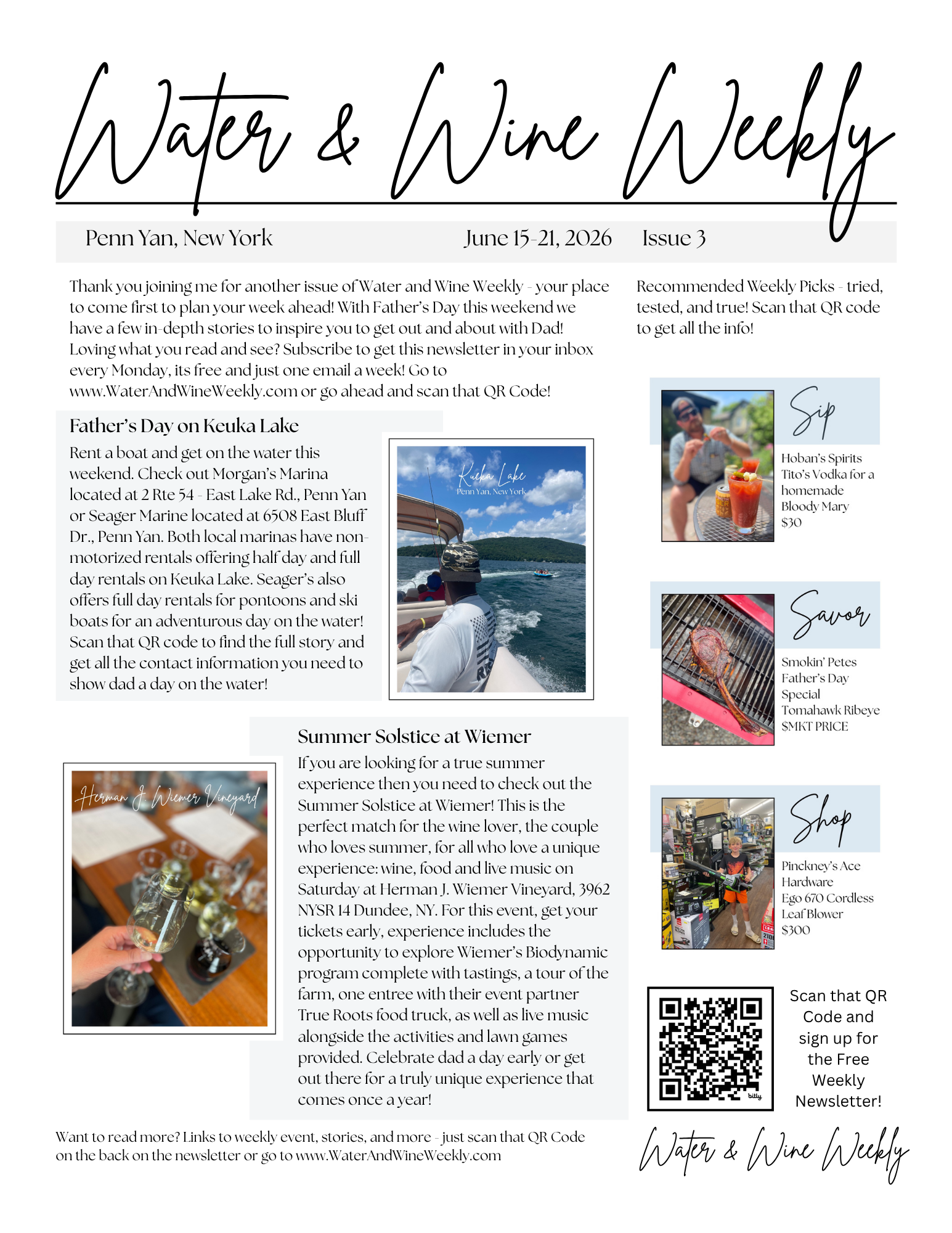 A newsletter titled "Water & Wine Weekly" with a subtitle "Penn Yan, New York" and date "June 15-21, 2026". It features stories about water activities, wine tasting, Father's Day events, and local businesses, with images of a boat on Keuka Lake, a man with a drink, wine glasses, and a hardware store employee.