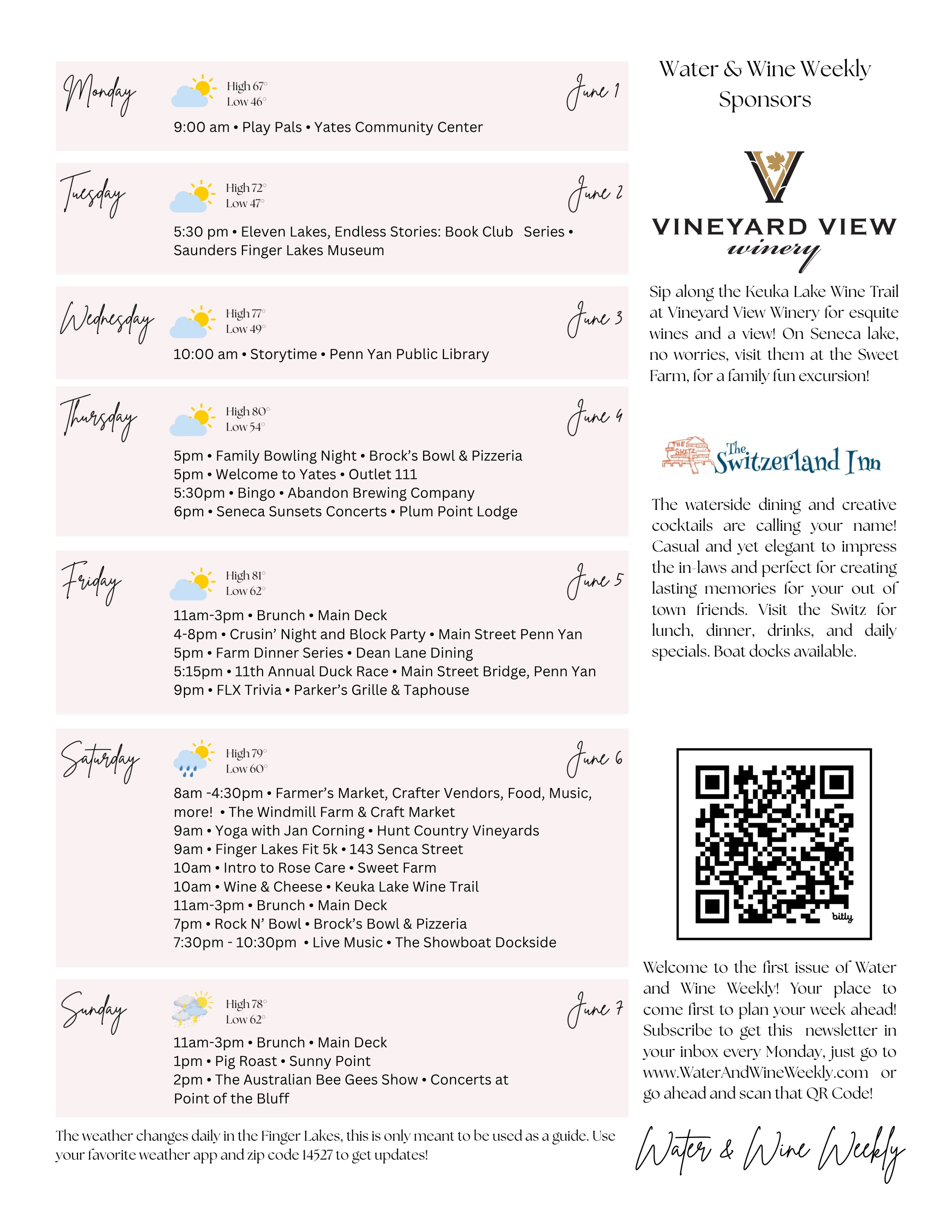 A weekly calendar of events and activities related to water and wine at Vineyard View Winery. The schedule includes weather forecasts, daily events with times, locations, and descriptions, a QR code for more information, and branding for the winery and sponsors. The layout is organized with each day's schedule on the left and event details on the right.