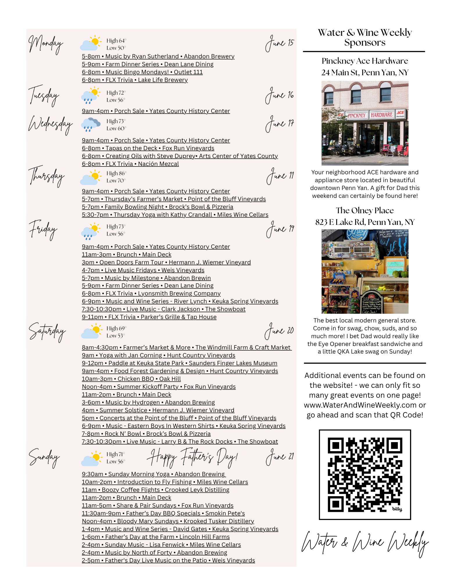 Weekly events schedule for Water & Wine in Penn Yan, NY, listing activities from Monday to Sunday with weather icons, hours, event descriptions, and dates on the left; and photos of the storefront, interior, and products of Water & Wine on the right, along with text describing the store and additional event info.