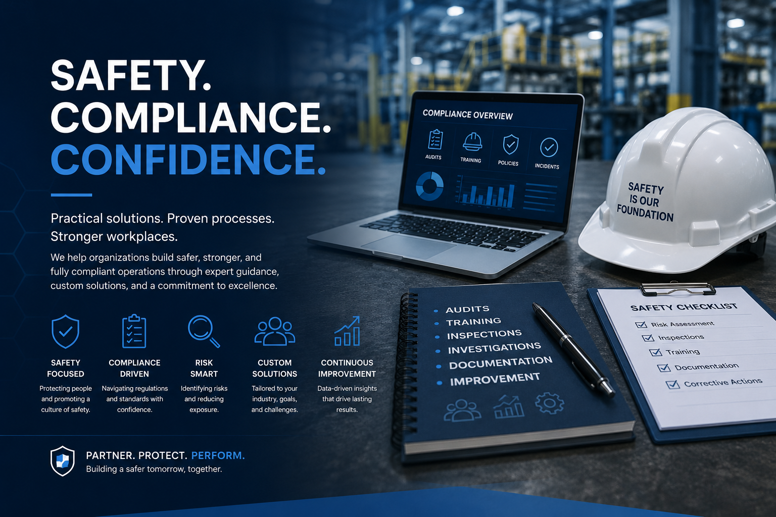 An industrial setting with a laptop displaying compliance data, a white safety helmet with the phrase "Safety is our foundation," a safety checklist on a clipboard, and a notebook with safety-related keywords such as audits, training, inspections, investigations, documentation, and improvement.