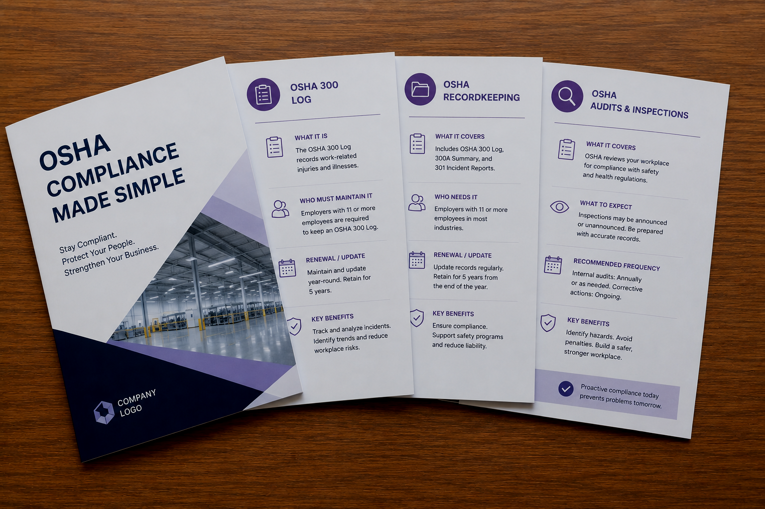 A brochure titled 'OSHA Compliance Made Simple' with a warehouse image and three informational pages about OSHA 300 log, OSHA recordkeeping, and OSHA audits and inspections.