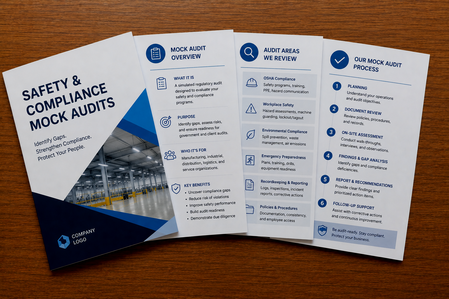 A brochure titled 'Safety & Compliance Mock Audits' with sections on audit overview, review areas, and the audit process, laid on a wooden surface.
