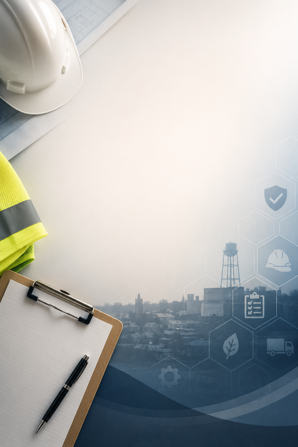 Construction safety helmet, high-visibility vest, clipboard, and pen on a desk with a cityscape view through a window.