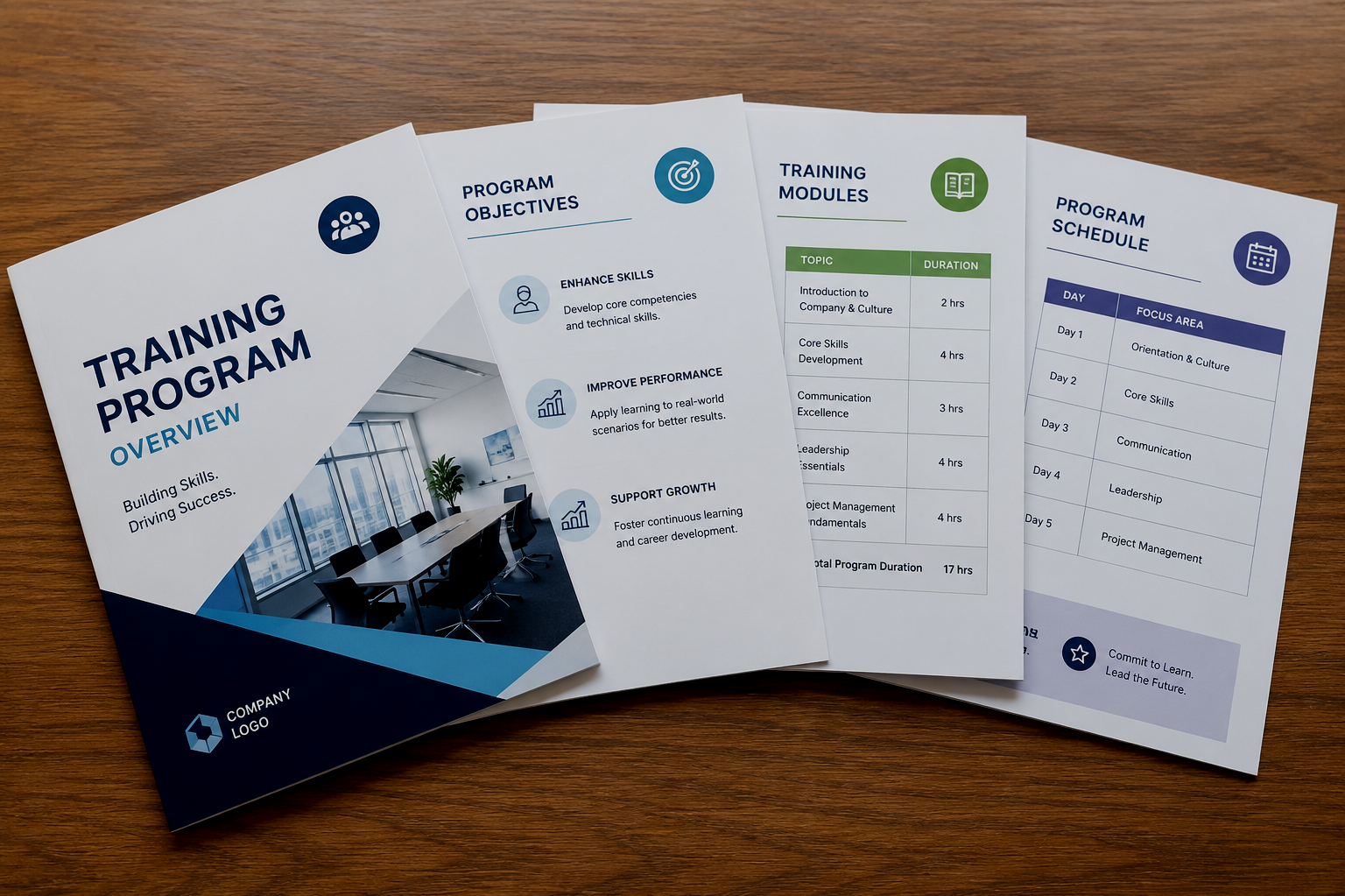 Training program overview brochure on a wooden table, featuring a conference room image, program objectives, training modules, and schedule.