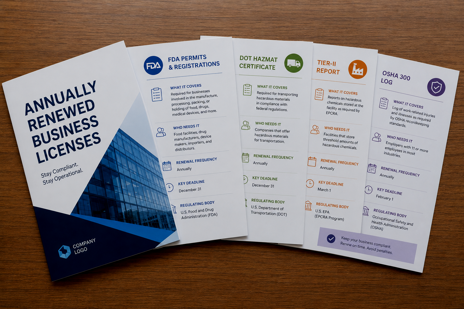 Brochures for annual business license renewal, including FDA permits, DOT hazmat certificate, Tier-II report, OSHA 300 log, with details on requirements, deadlines, and regulatory bodies.