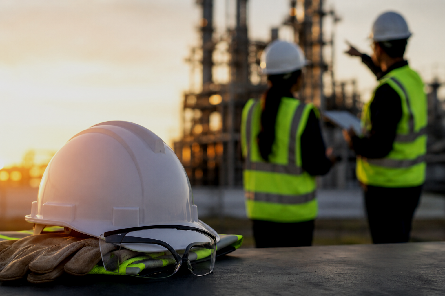 A white safety helmet, gloves, and safety glasses on a desk at a construction site during sunset, with two workers wearing helmets and reflective vests in the background discussing construction plans.