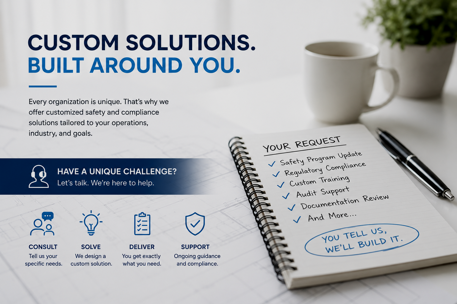 Company webpage offering customized solutions with a list of services including consultation, solving, delivery, and support, featuring a notepad with a list of client requests and a pen on a desk.