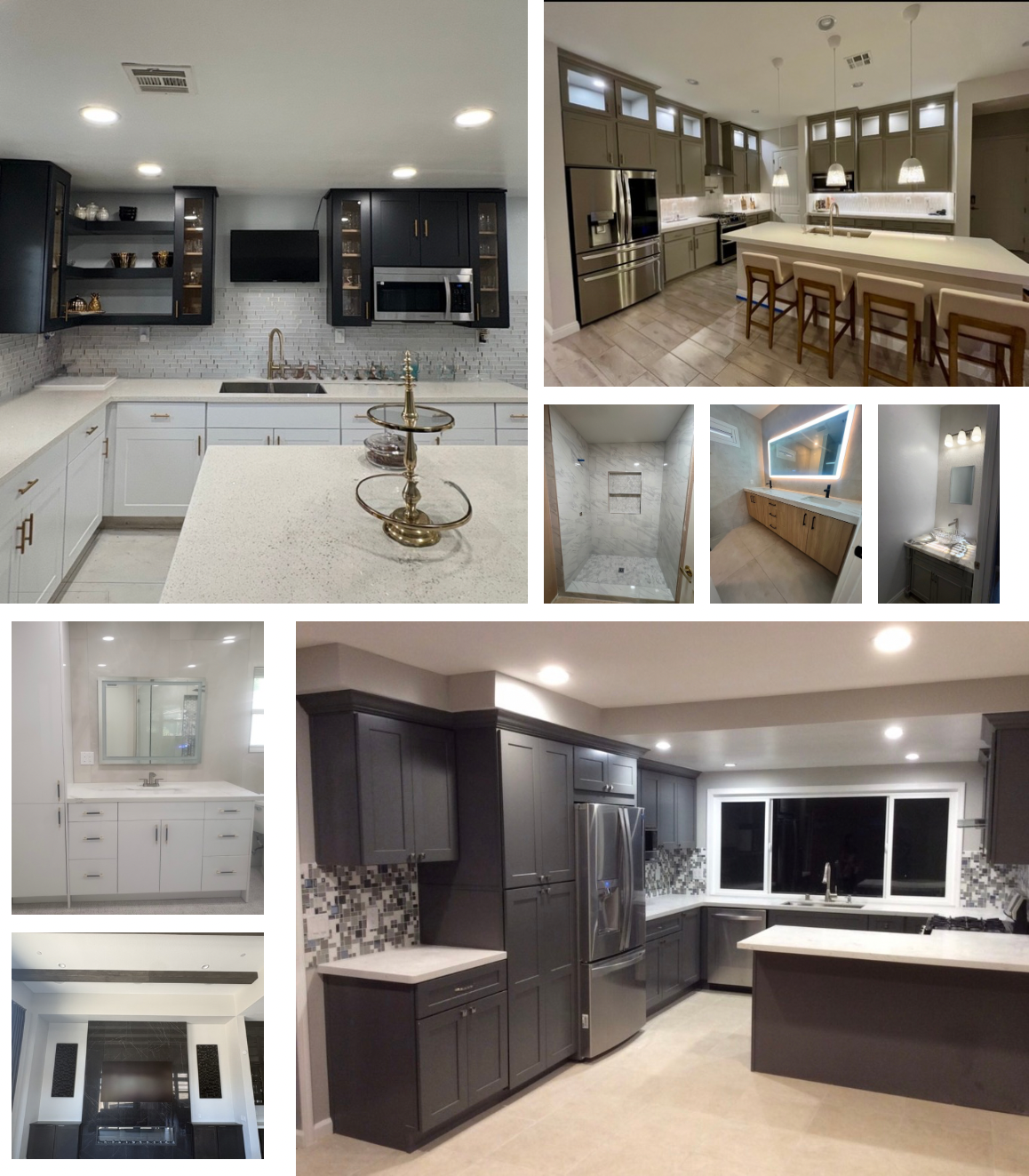 Collage of modern kitchen and bathroom interiors, featuring white and dark cabinetry, marble and quartz surfaces, and stylish fixtures.