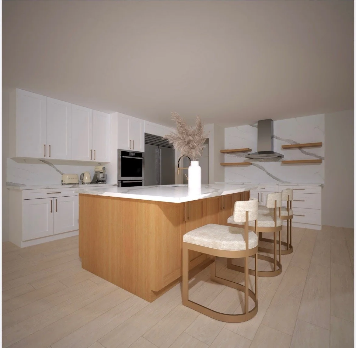 New remodeled kitchen with white cabinets, a marble backsplash, a large wooden island with a white countertop.