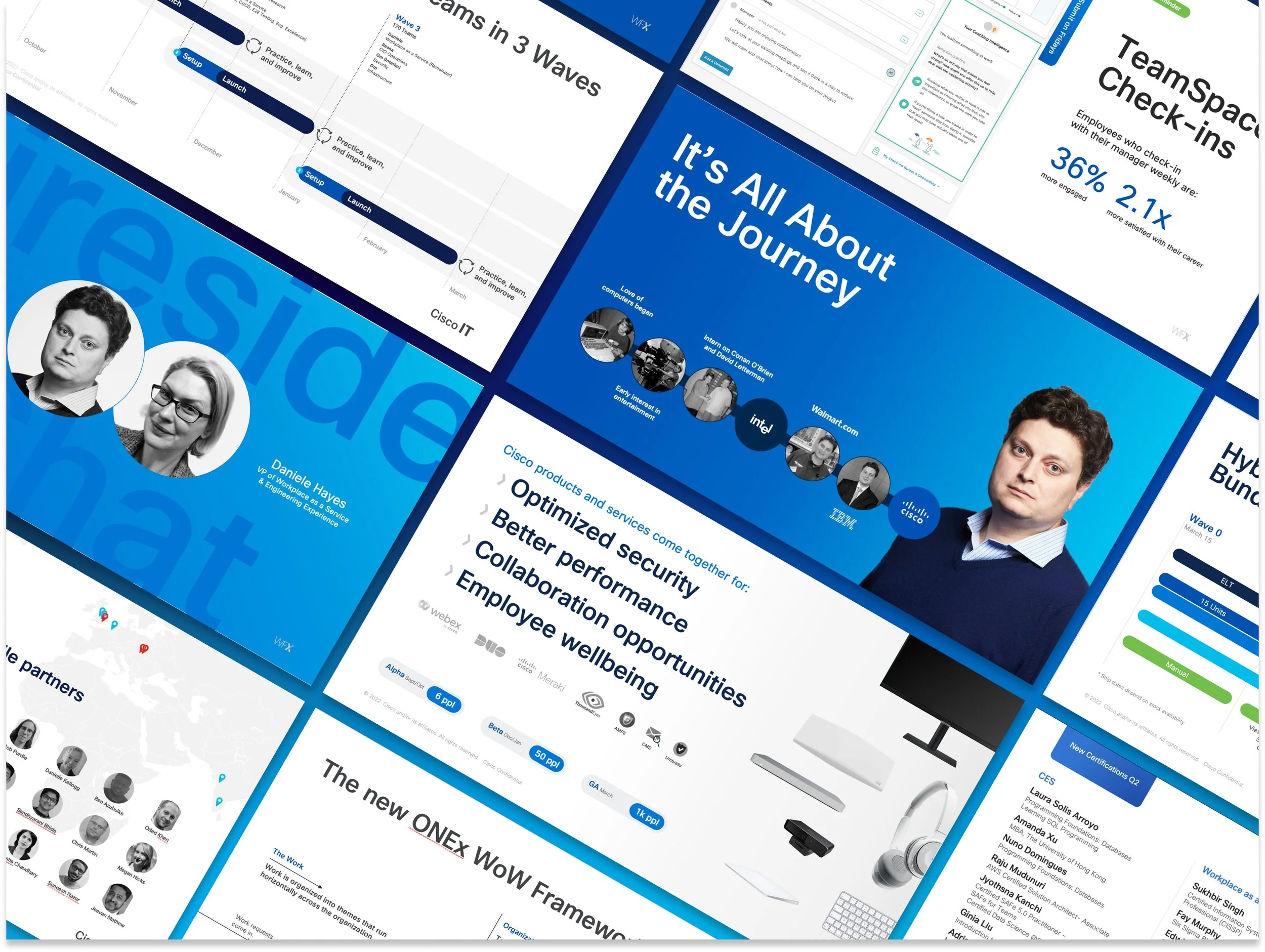 A collage of various presentation slides and digital content in a grid pattern, featuring text, images, graphs, and icons related to technology, teamwork, and business analytics.