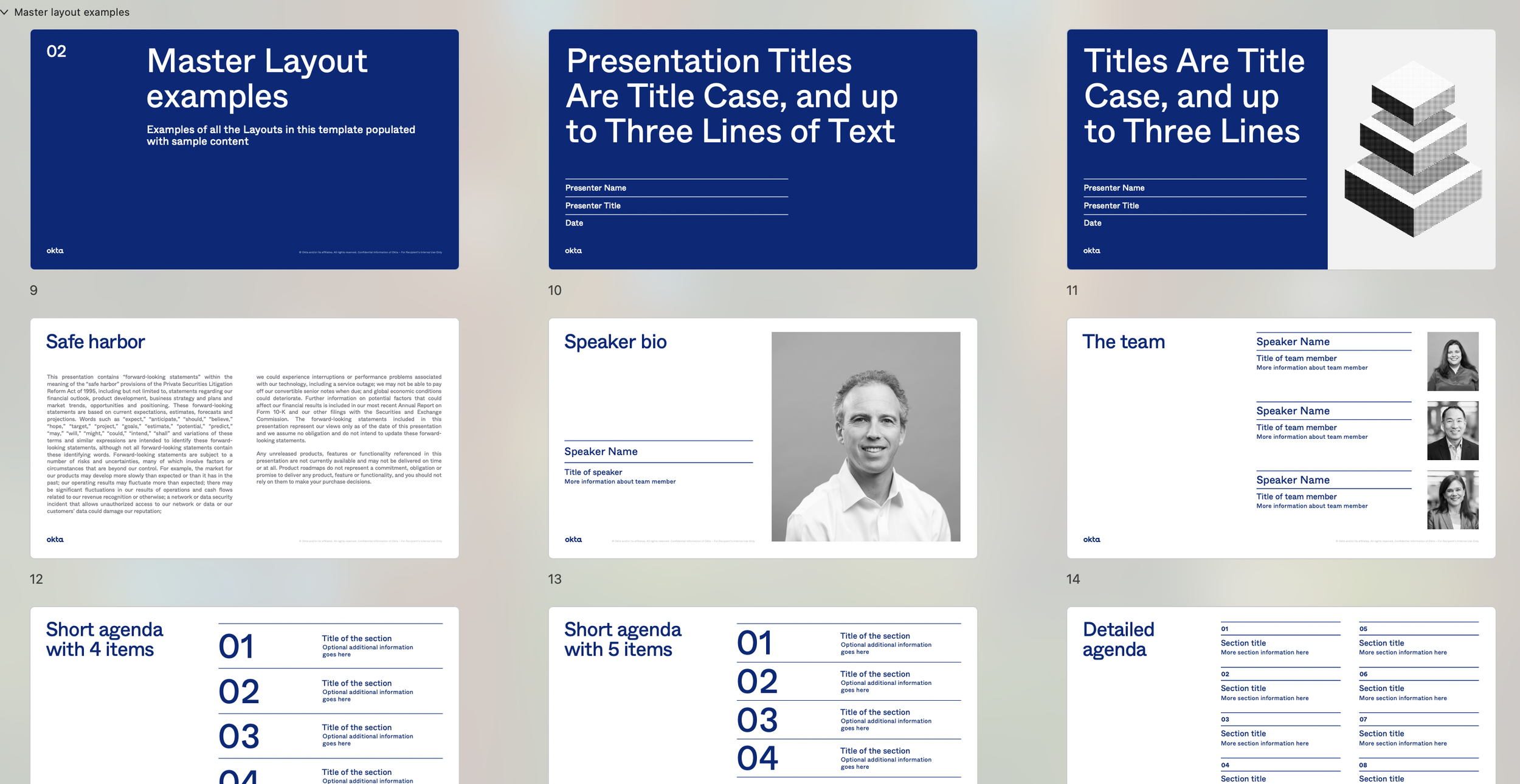 Slide presentation with multiple slides showing layout examples for a corporate or professional presentation. The slides include titles, speaker bios, agendas, and team member profiles, with a color scheme of blue, white, and gray.