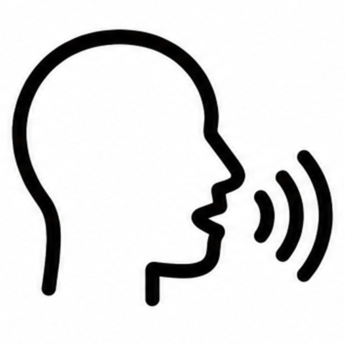 Outline of two human profiles, one speaking with sound waves emitted.