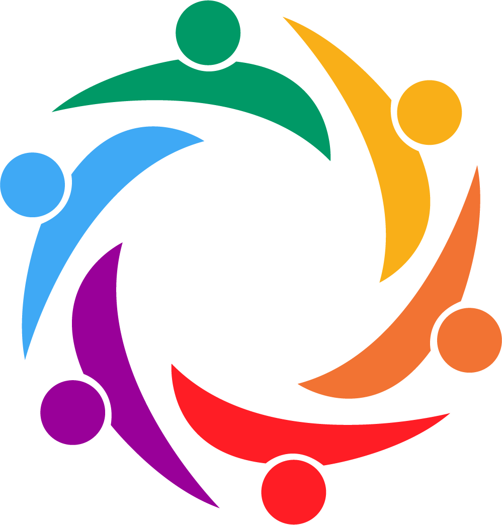 A colorful graphic of six stylized human figures, each in a different color, forming a circle and holding hands.