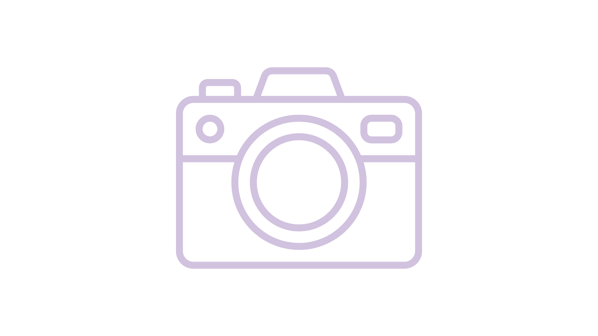 Line drawing of a camera in light purple on a black background.