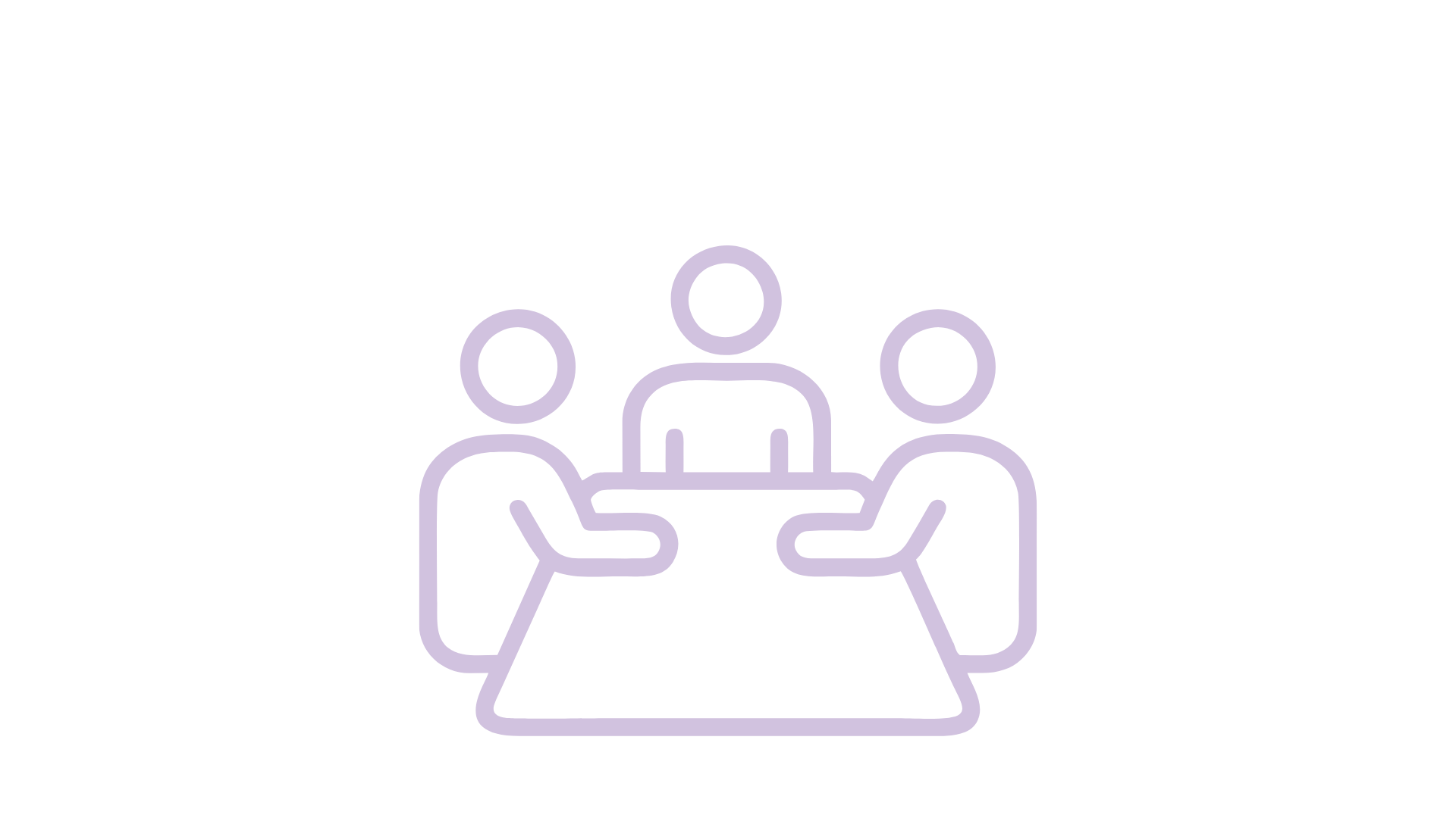 Outline of three people sitting around a table, engaging in a conversation or meeting.