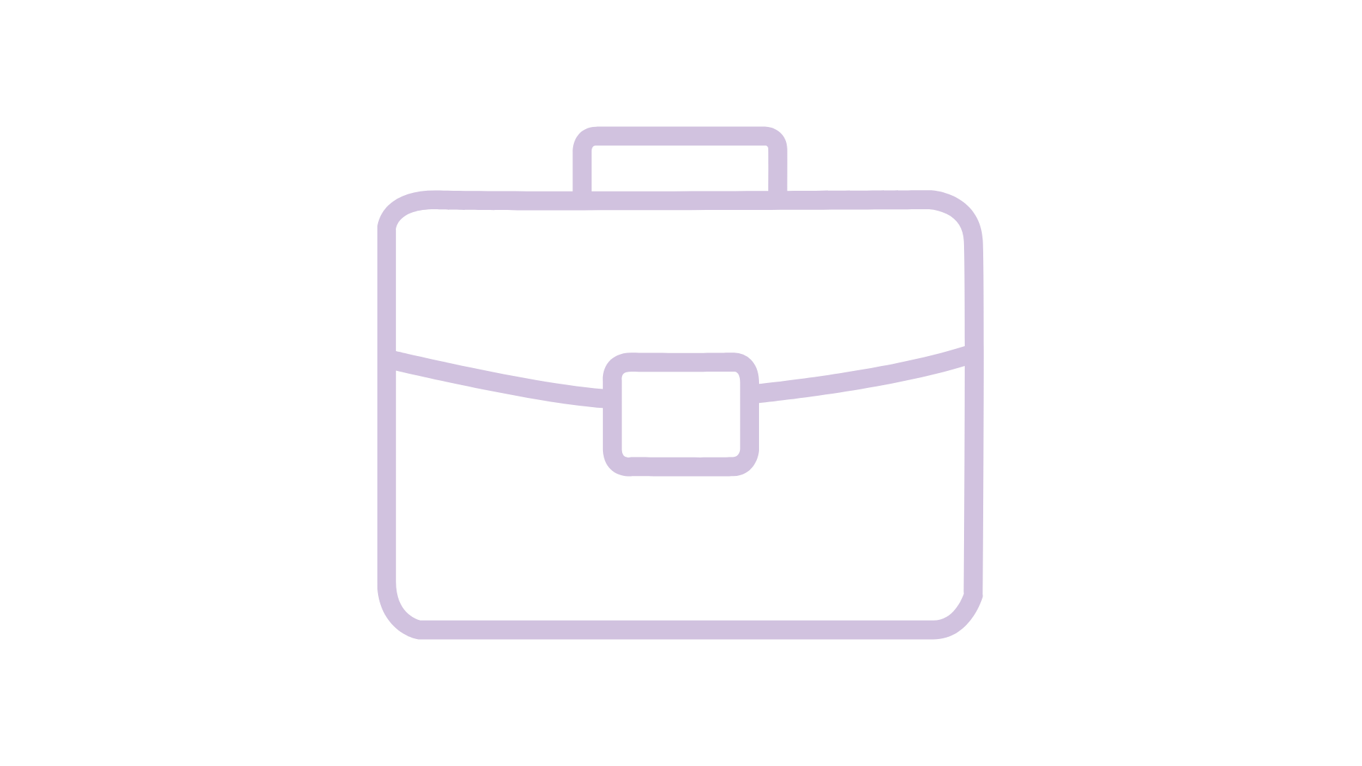Outline of a briefcase with a handle and a buckle on the front, drawn in light purple.