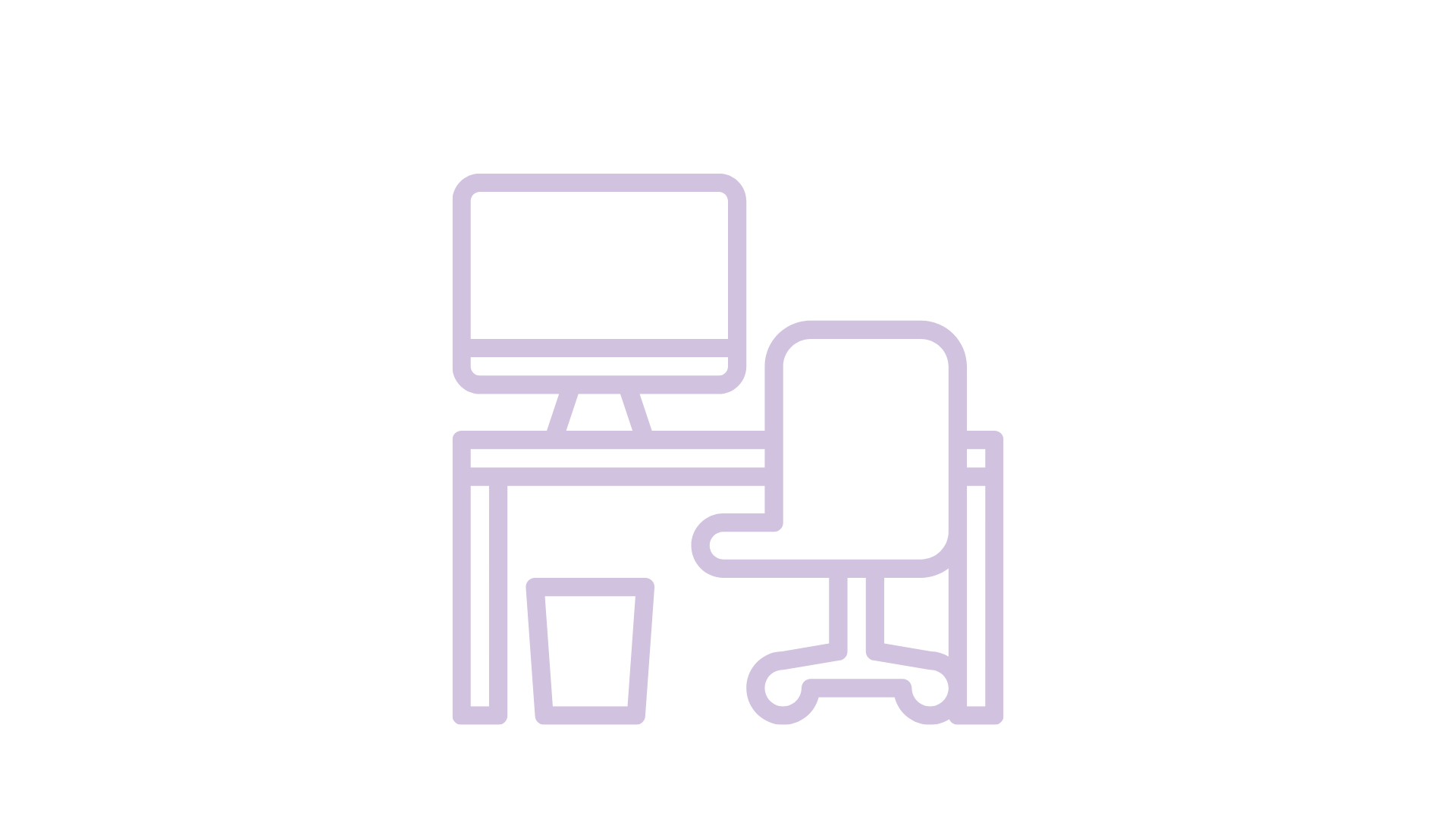Outline of a computer on a desk and an office chair next to it, with a trash can beneath the desk.