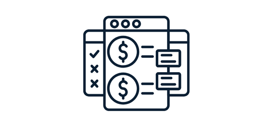 Line art icon of financial documents with dollar signs and checkmarks.