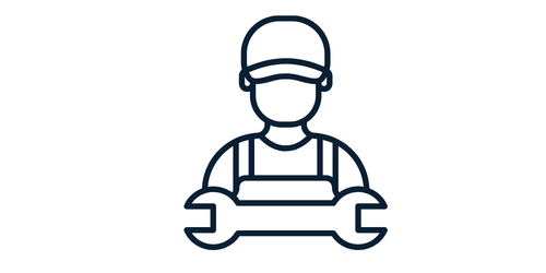 Line drawing of a person wearing a cap and apron with a wrench in hand
