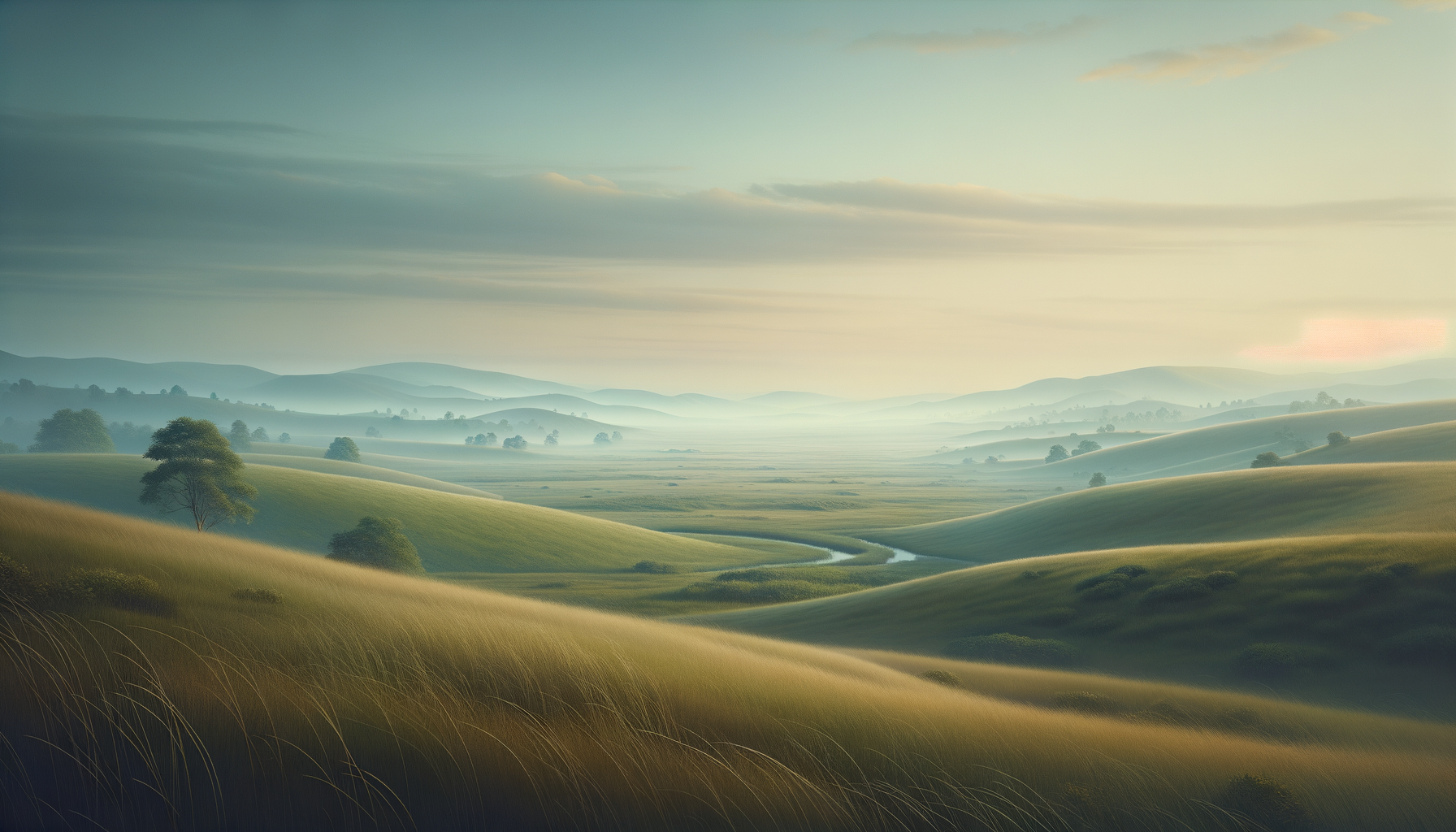 A serene landscape of rolling green hills with a winding stream, scattered trees, and a cloudy sky with soft sunlight.